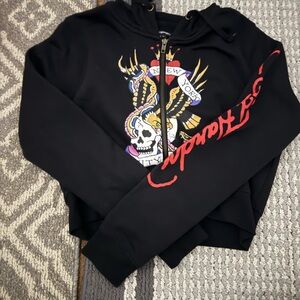 Black Ed Hardy Graphic Hoodie with Red and Gold Accents